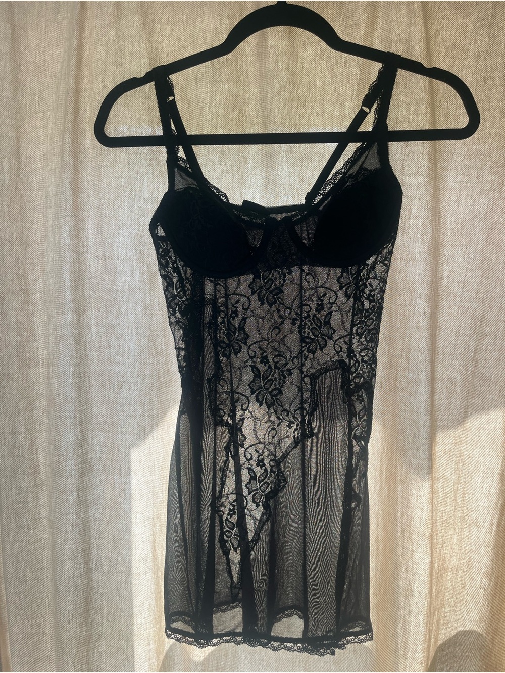 FREDERICKS OF HOLLYWOOD Black Lace Sheer Chemise Slip Sexy Lingerie Y2K Sz SMALL